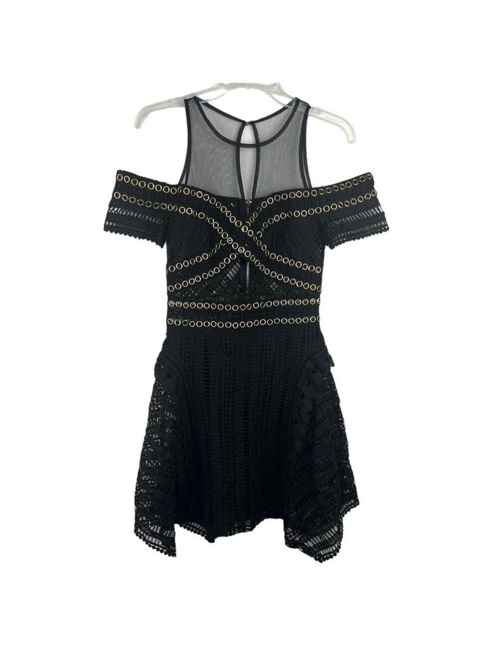 New-shop17 Lacy, Crochet, Studded, Mesh Neck Line Off Shoulder, Lined Mini Dress